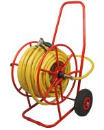 Professionele haspel met luchtbanden gemonteerd 50m - 3/4 inch met gele tuinslang no twist en 3/4 inch messing koppelingen + pistool (volledig gebruiksklaar)