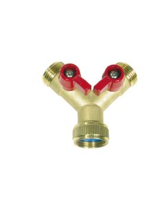 Y-vertakking met 2 bolkraantjes, ingang 1 inch inwendige draad en uitgang 3/4 inch uitwendige draad (messing)
