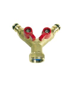 Y-vertakking met 2 bolkraantjes, ingang 1 inch inwendige draad en uitgang 2 nippels (messing)