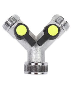 Y-vertakking met 2 bolkraantjes, ingang 1 inch inwendige draad en uitgang 3/4 inch uitwendige draad (messing) op kaart