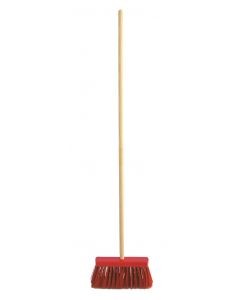 Straatborstel rood gelakt hout 31 cm met lange rode haren in pvc met niet-verniste steel 1,50 m