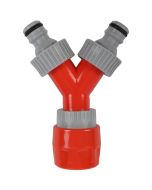 Y-vertakking met 2 opgeschroefde kraannippels en 1 snelkoppeling (pvc) op kaart