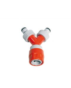 Y-vertakking met 2 opgeschroefde kraannippels en 1 snelkoppeling (pvc)