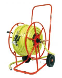 Devidoir professionnel monte 50m - 3/4 pouce avec tuyau jaune et raccords en laiton 3/4 pouce + pistolet (pret a utiliser)